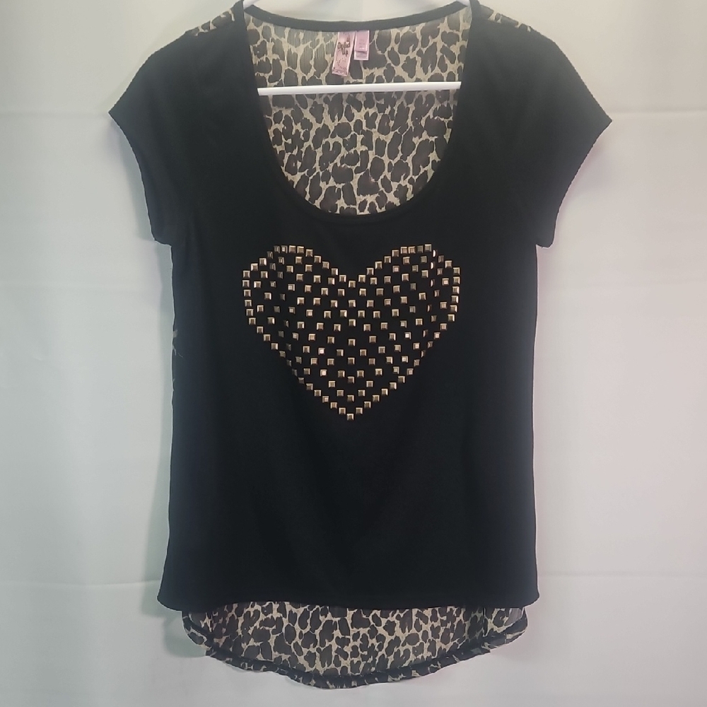 Dolled Up Black Studded Heart Top with a Semi-Sheer Leopard Back
